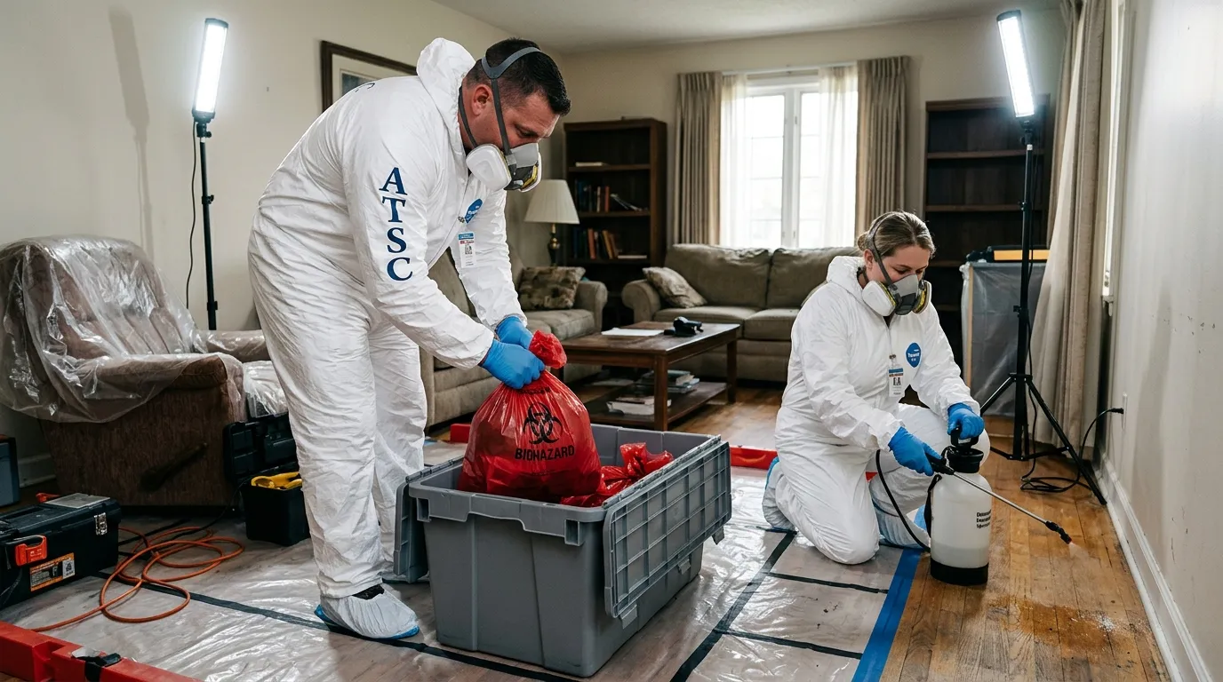 Professional Hoarding Cleanup technician in full PPE working in Sun City West